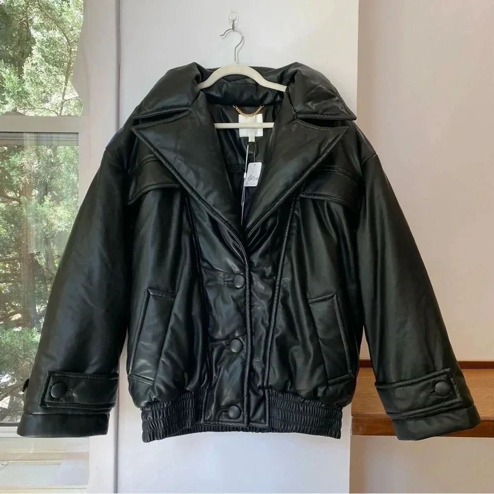 NWT Free People Ronny Kobo Camile Jacket Black Oversized Bomber Faux Leather - Picture 3 of 17